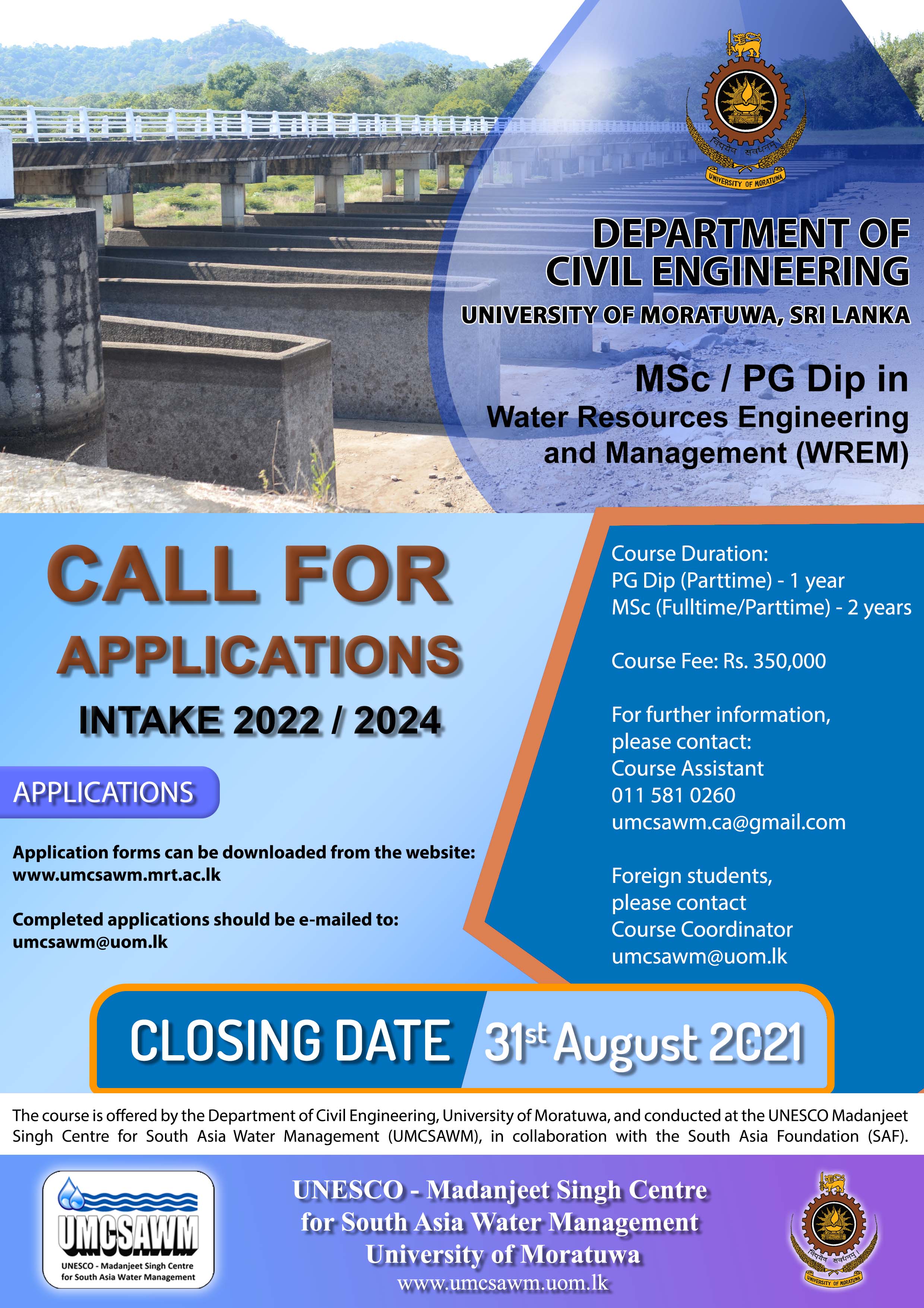 M.Sc / PG Diploma in Water Resources Engineering & Management 2022/2024